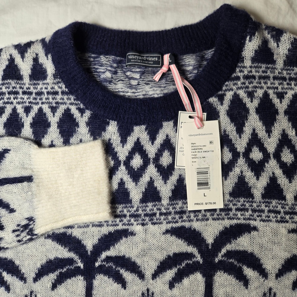 Vineyard Vines Fair Isle Sweater Womens L Alpaca Wool Palm Tree Navy NWT
